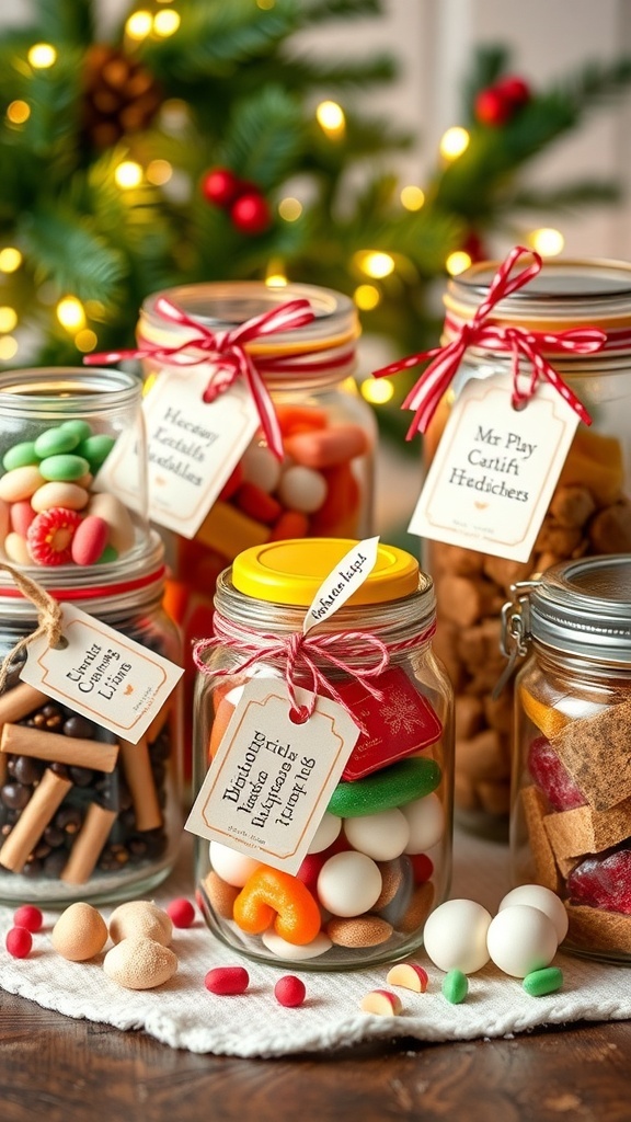 A display of creative gift jars filled with cookie mix, hot chocolate, spa essentials, and homemade jam, decorated for Christmas.
